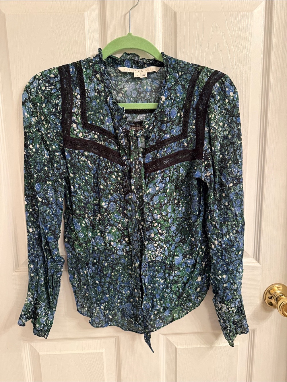 Veronica Beard Blue and Green Floral Tie-Neck Blouse